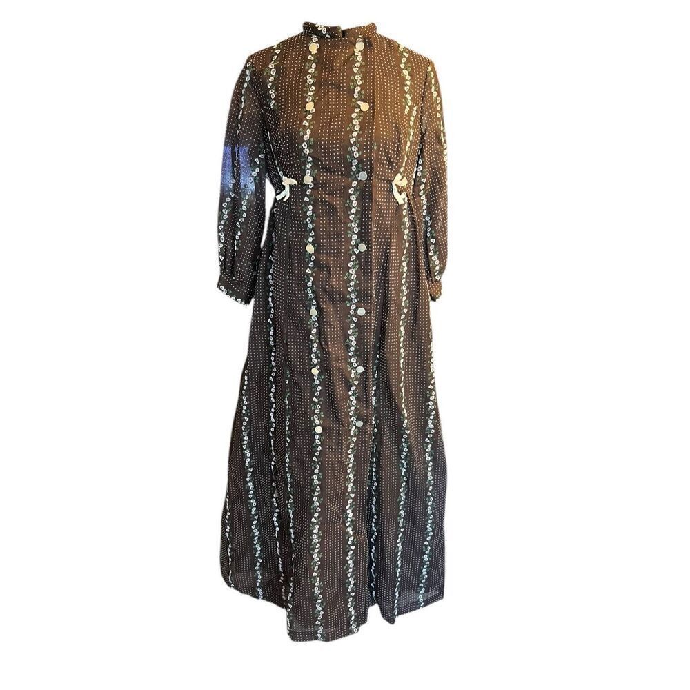 Vintage Raymodes NY 70’s house dress brown floral embroidered boho Large retro
